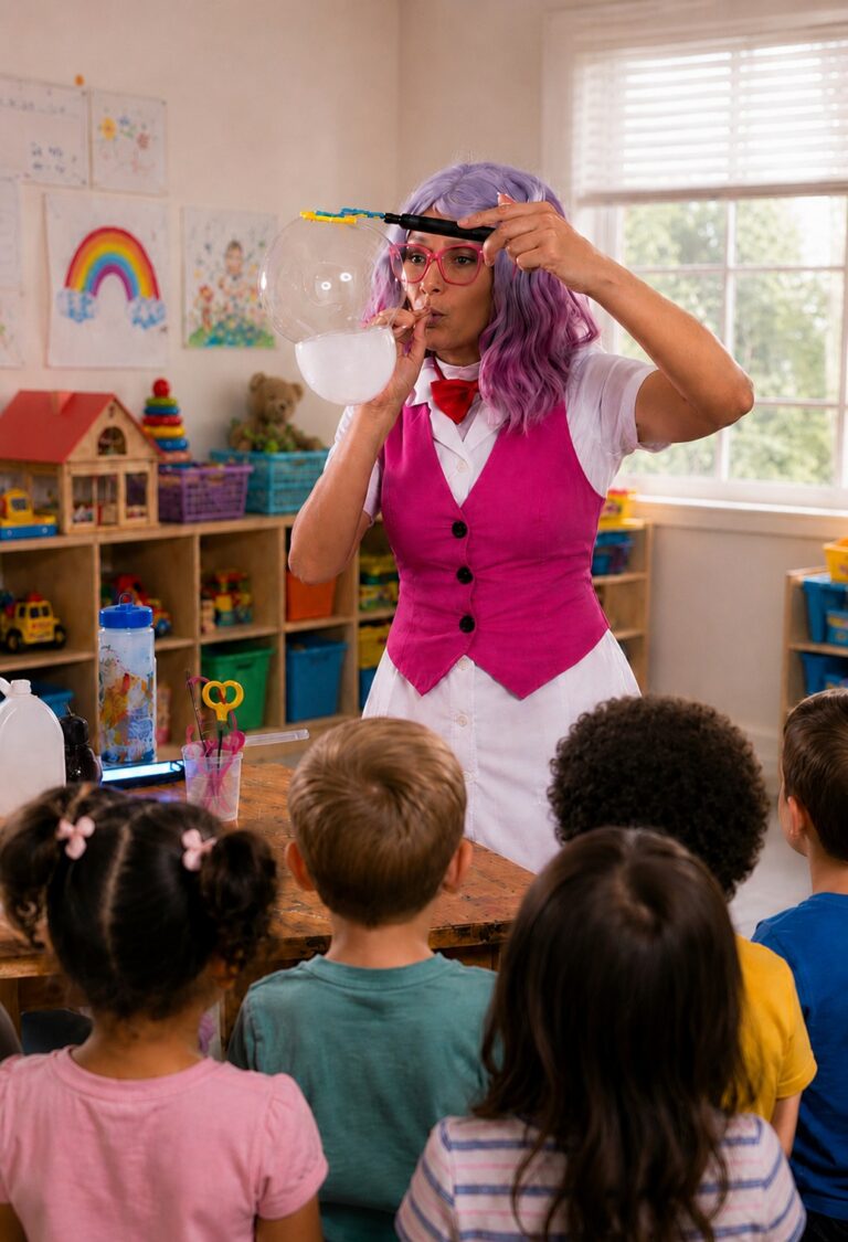 Professor Pop performing an interactive bubble science demonstration for children at a childcare centre.